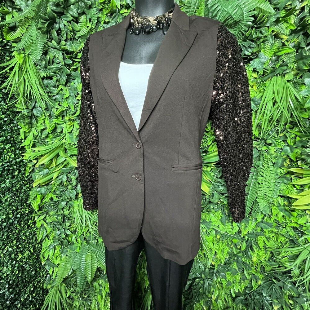 Diane Gilman Women Jacket Medium Brown Sequin Sleeve Blazer Relaxed Fit DG2 - Picture 9 of 11